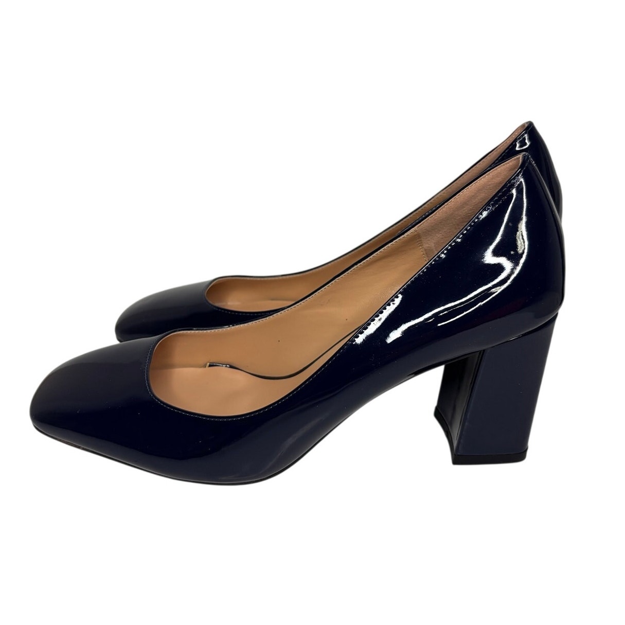 Wayderns Vintage Patent Leather Navy Blue Block Heel Pumps Womens 8.5 Nib
